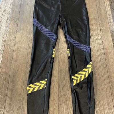 Womens Koral Shiny Black Yellow Spandex Leggings Size Medium